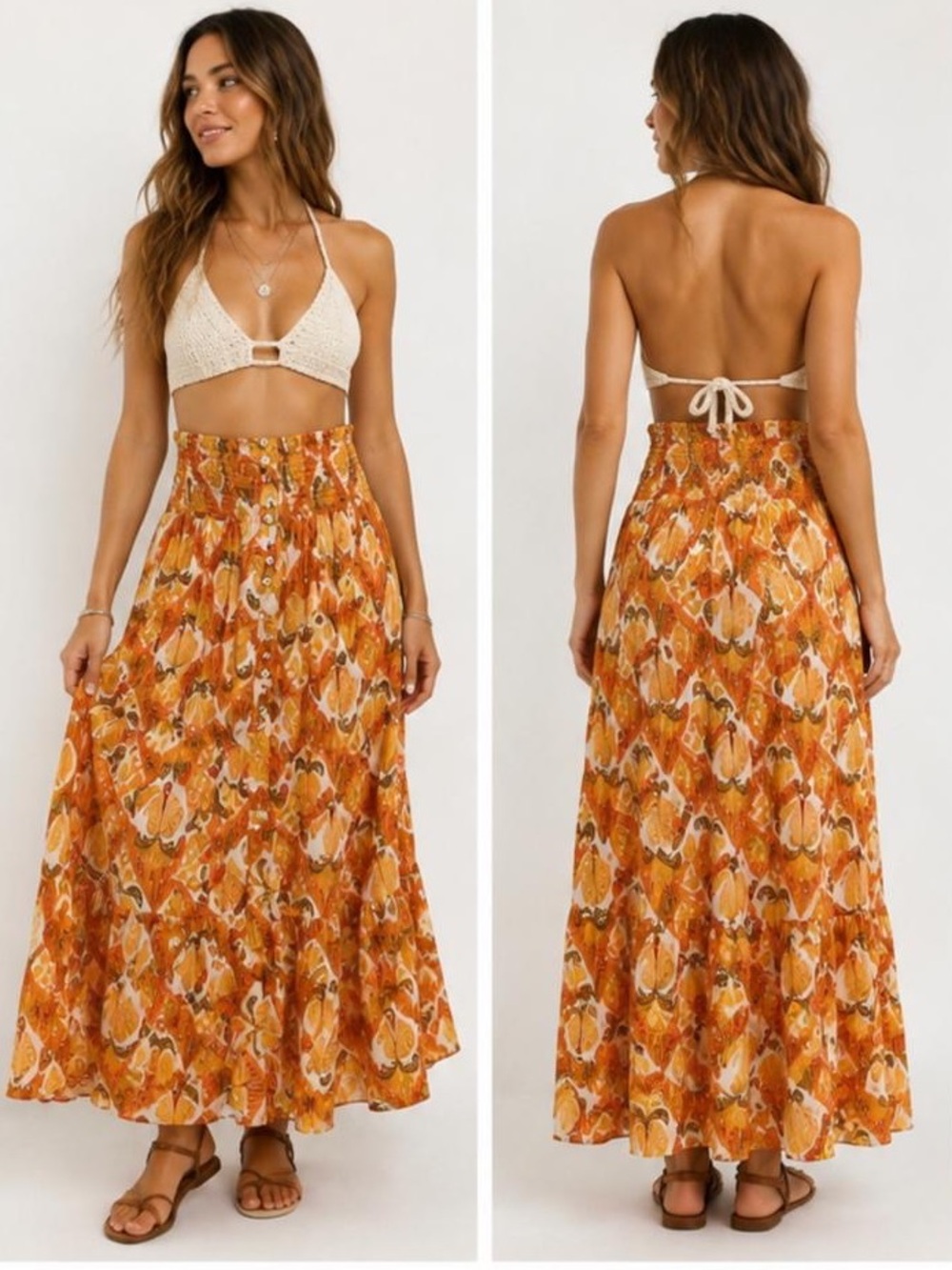Boho Orange Printed Maxi Skirt with Smocked Waist